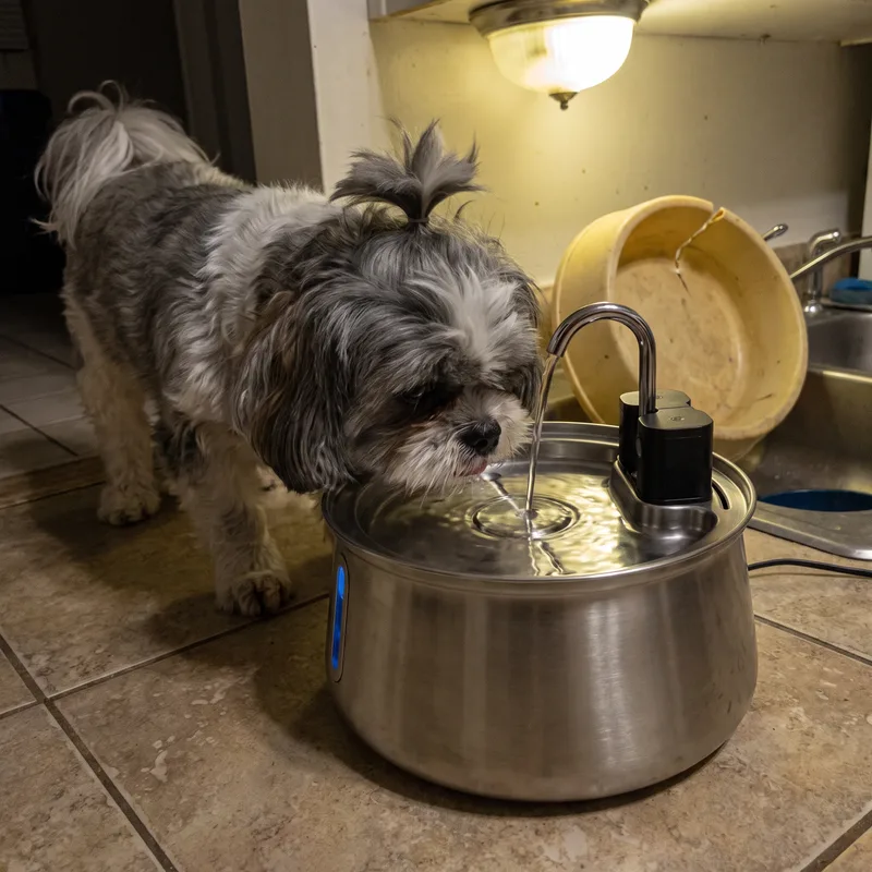 Le chien de Vincent T buvant à sa fontaine Zevlo