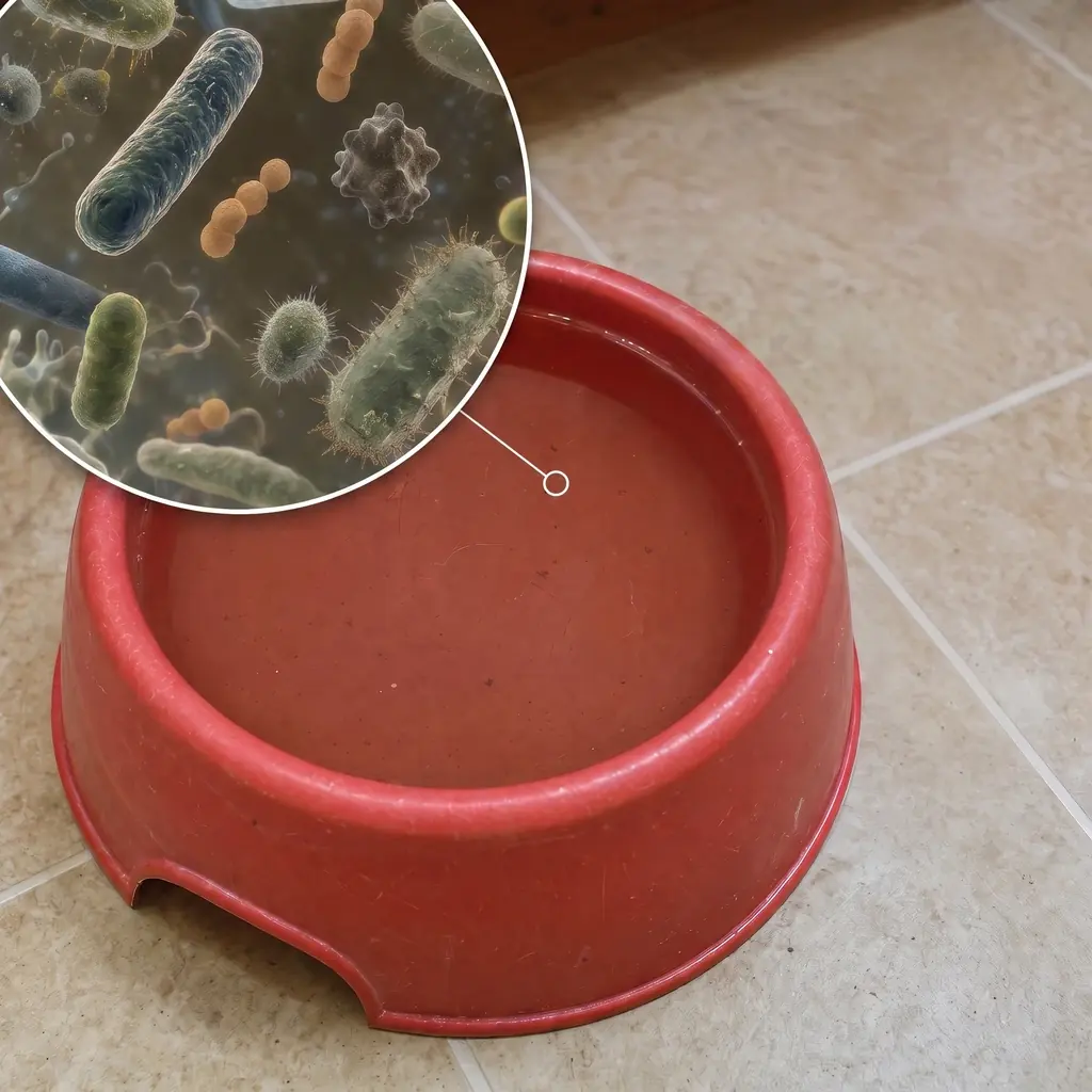 Bol en plastique : eau trouble et bactéries (biofilm)
