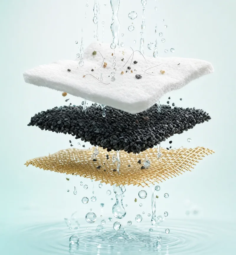 Triple filtration : mousse, charbon actif, tamis