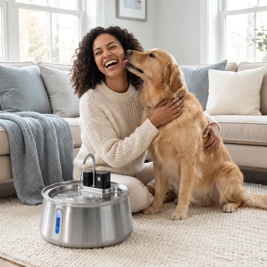 Femme complice avec son chien près de la fontaine Zevlo Dog Pure