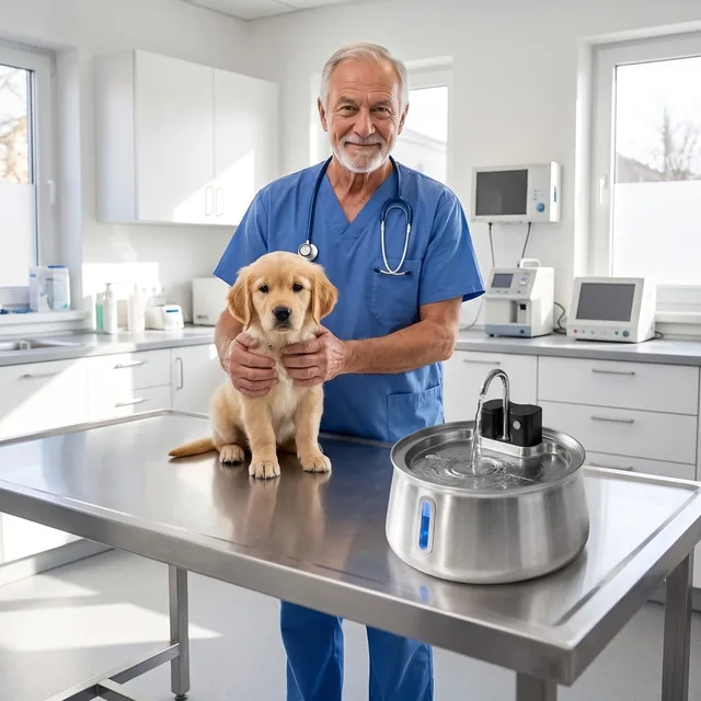 Dr. Mathieu Lefèvre, vétérinaire, avec un chiot et la fontaine Zevlo Dog Pure